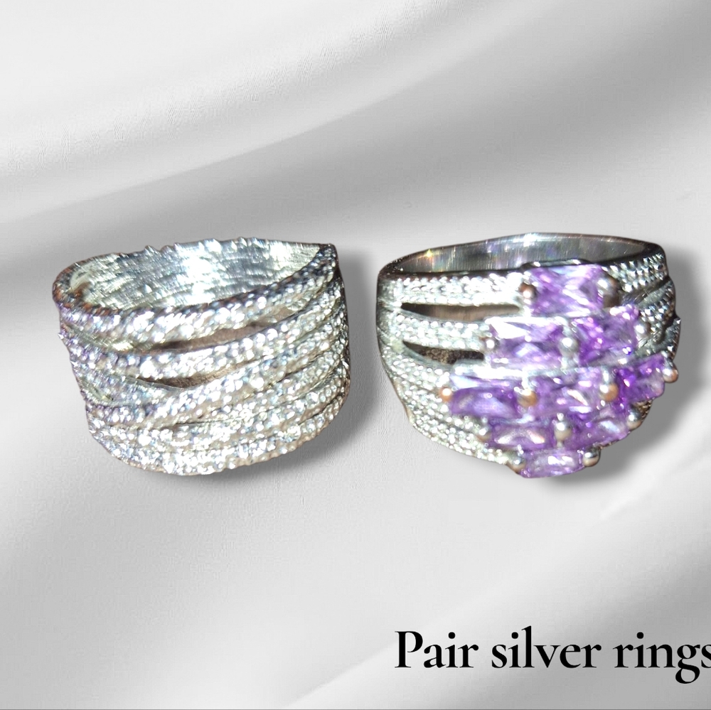Two cocktail statement Silvertone rings sz 9.0us~ One Faux Amethyst